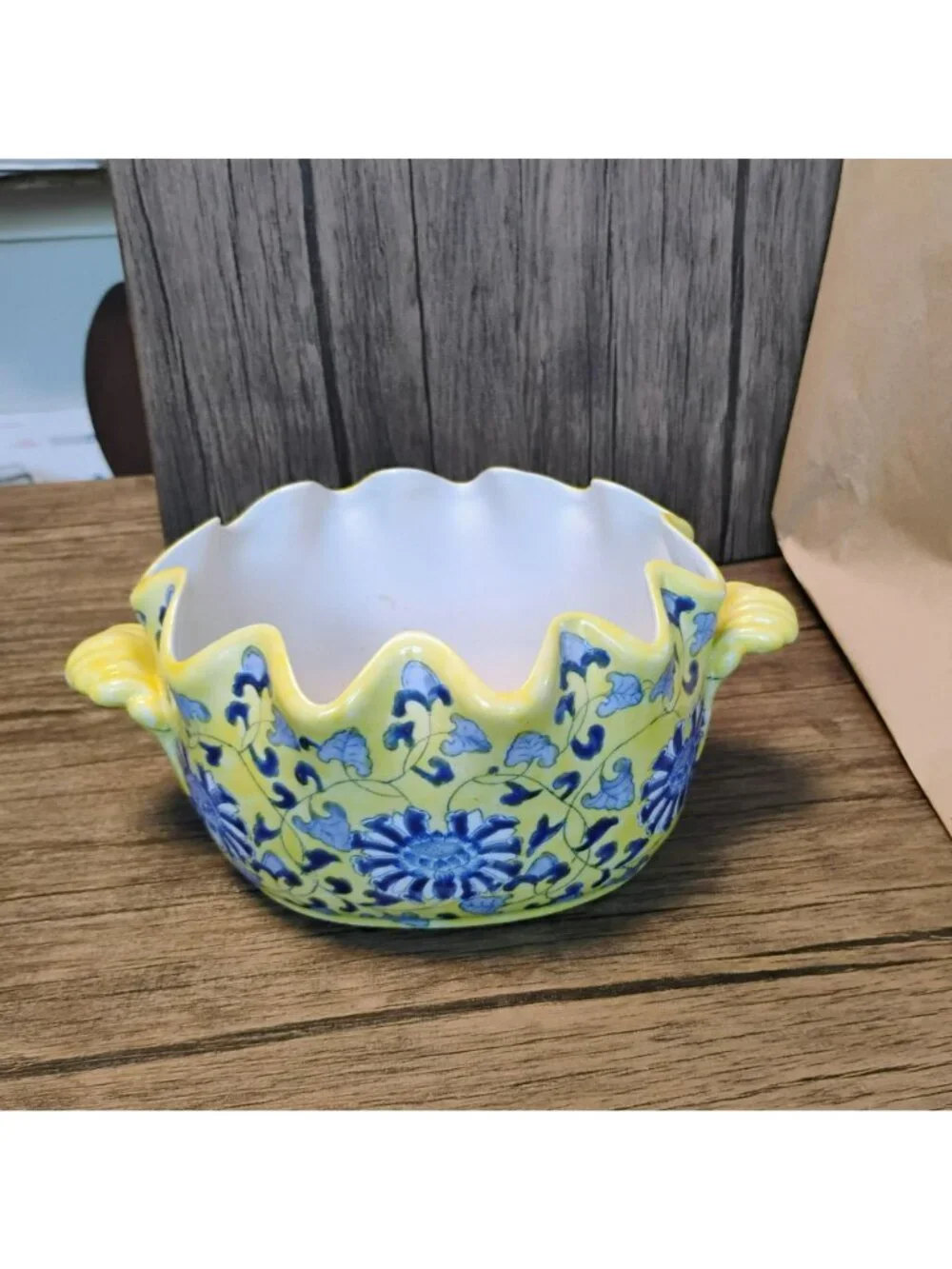 Vintage Andrea by Sadek Chinoiserie Footbath Bowl, Yellow Blue Porcelain Planter